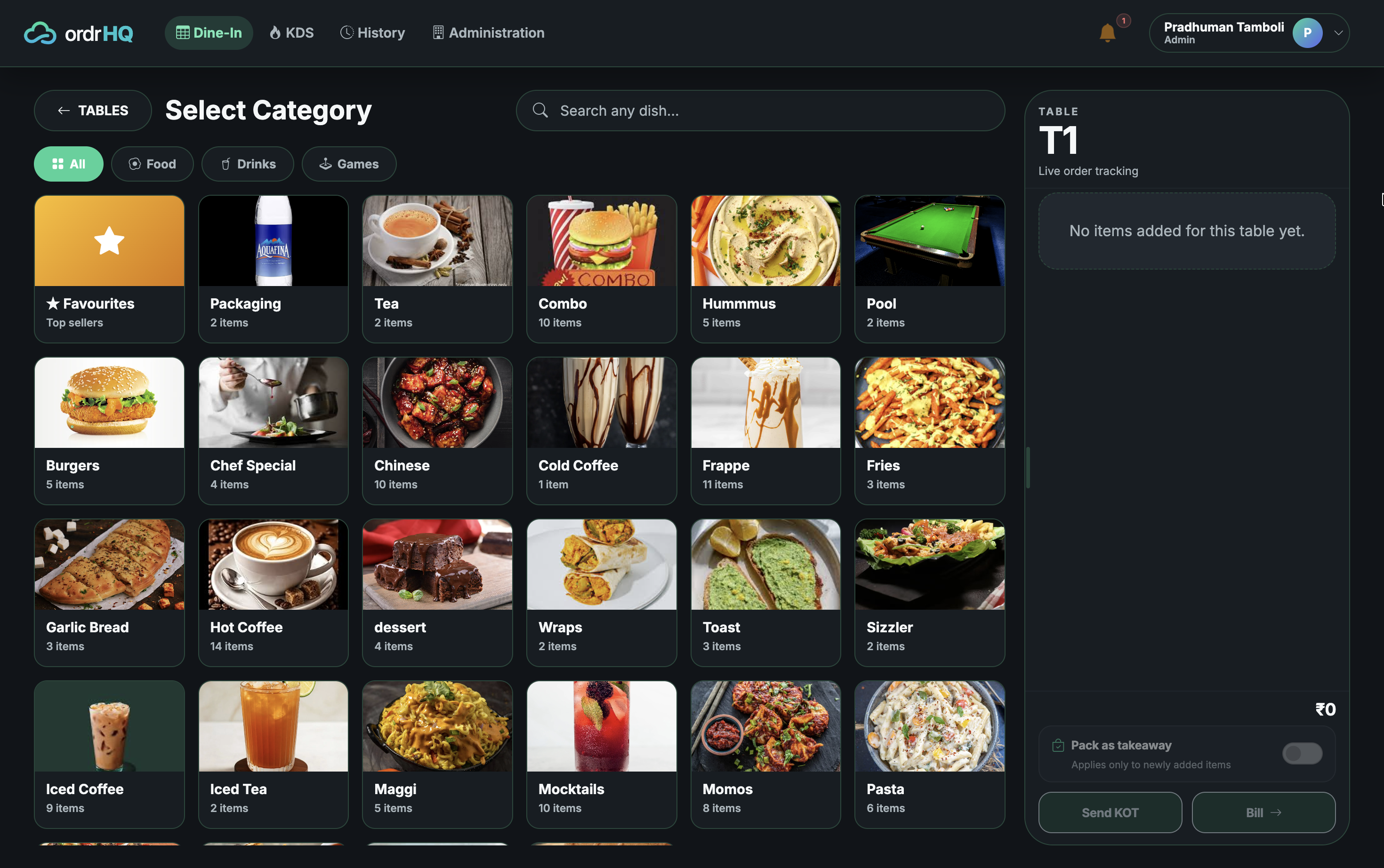 OrdrHQ dine-in menu and ordering screen