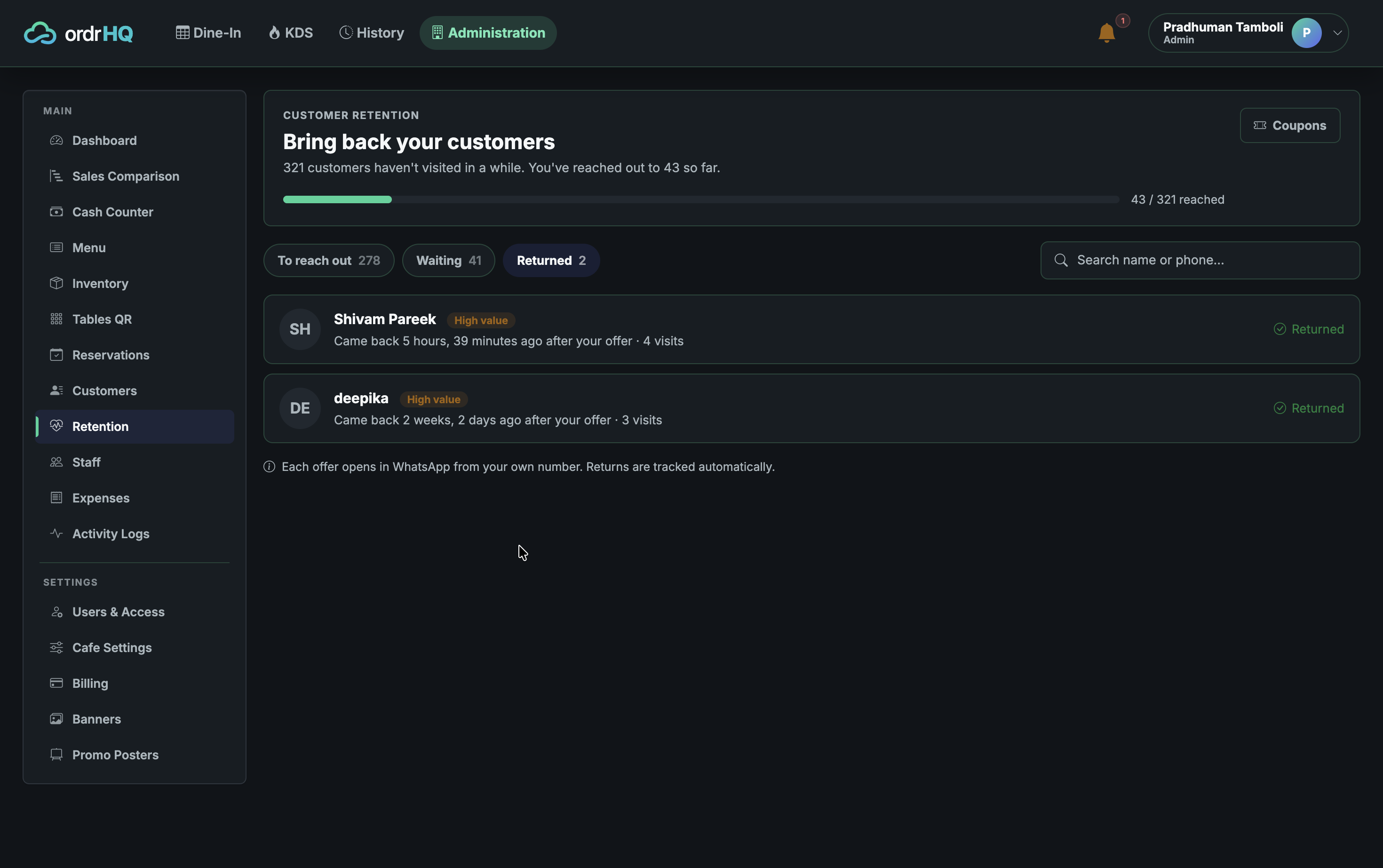 OrdrHQ customer retention and win-back screen
