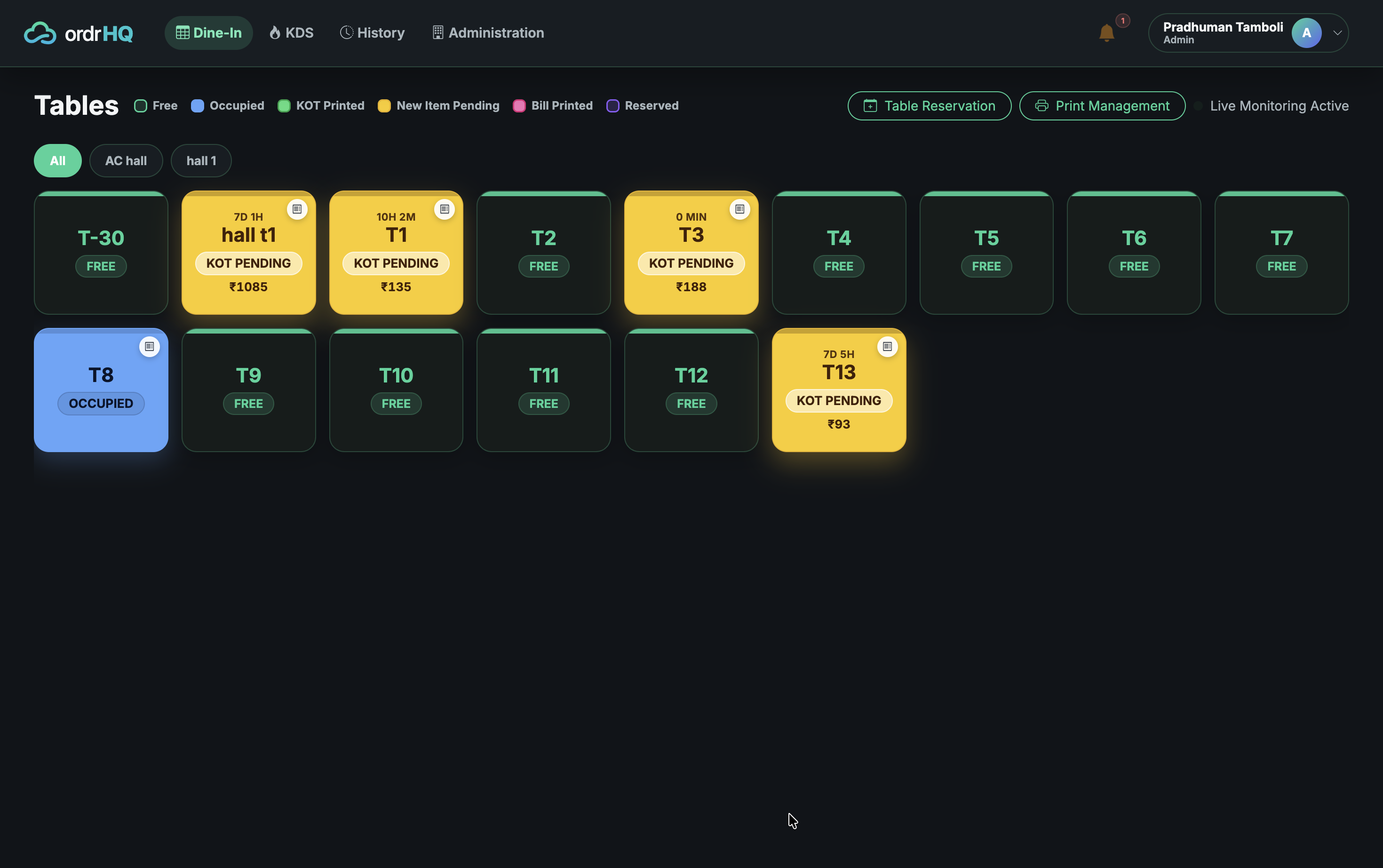 OrdrHQ live table status screen for cafes